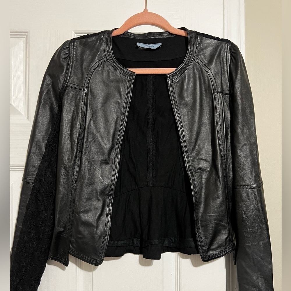 Prada leather and lace open front jacket size 2